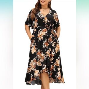 Boho Floral Maxi Wrap Dress Empire Waist with Pocket